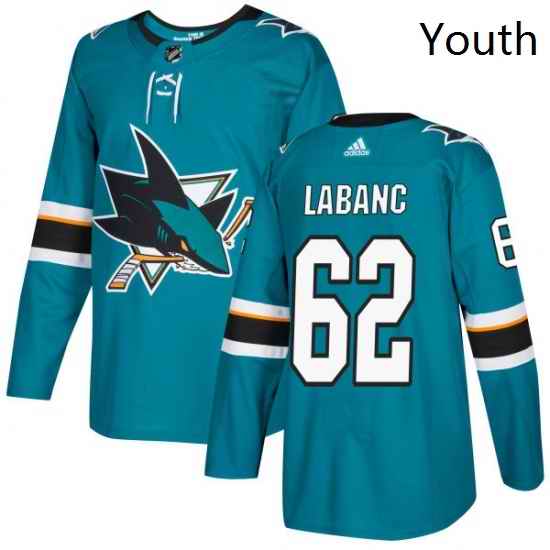 Youth Adidas San Jose Sharks 62 Kevin Labanc Premier Teal Green Home NHL Jersey